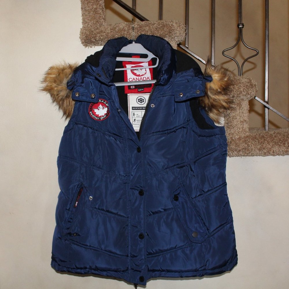 Canada Weather Gear Navy Blue Sleeveless Coat with Fur